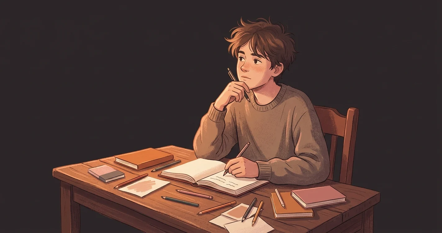 A teenager writing or journaling at a desk, looking thoughtful rather than upset