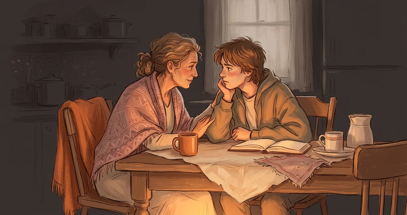 A parent and teenager sitting together at a kitchen table, talking