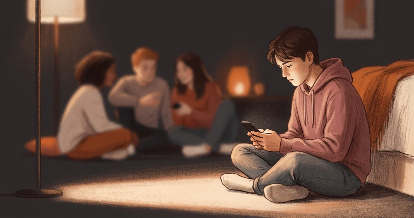 A teenager sitting alone, looking at a phone, with friends visible but slightly out of focus in the background