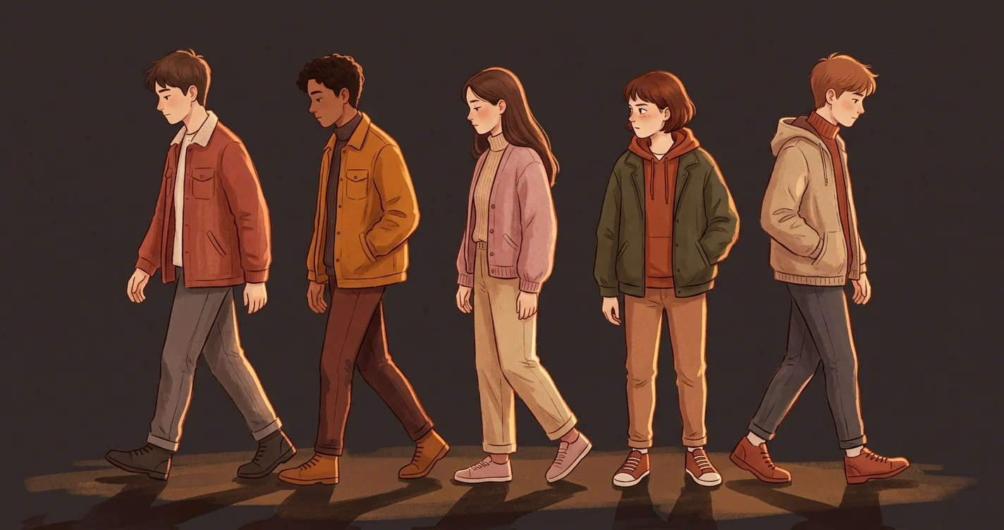 Illustration of several teenagers in a row, one looking sideways at the others rather than ahead
