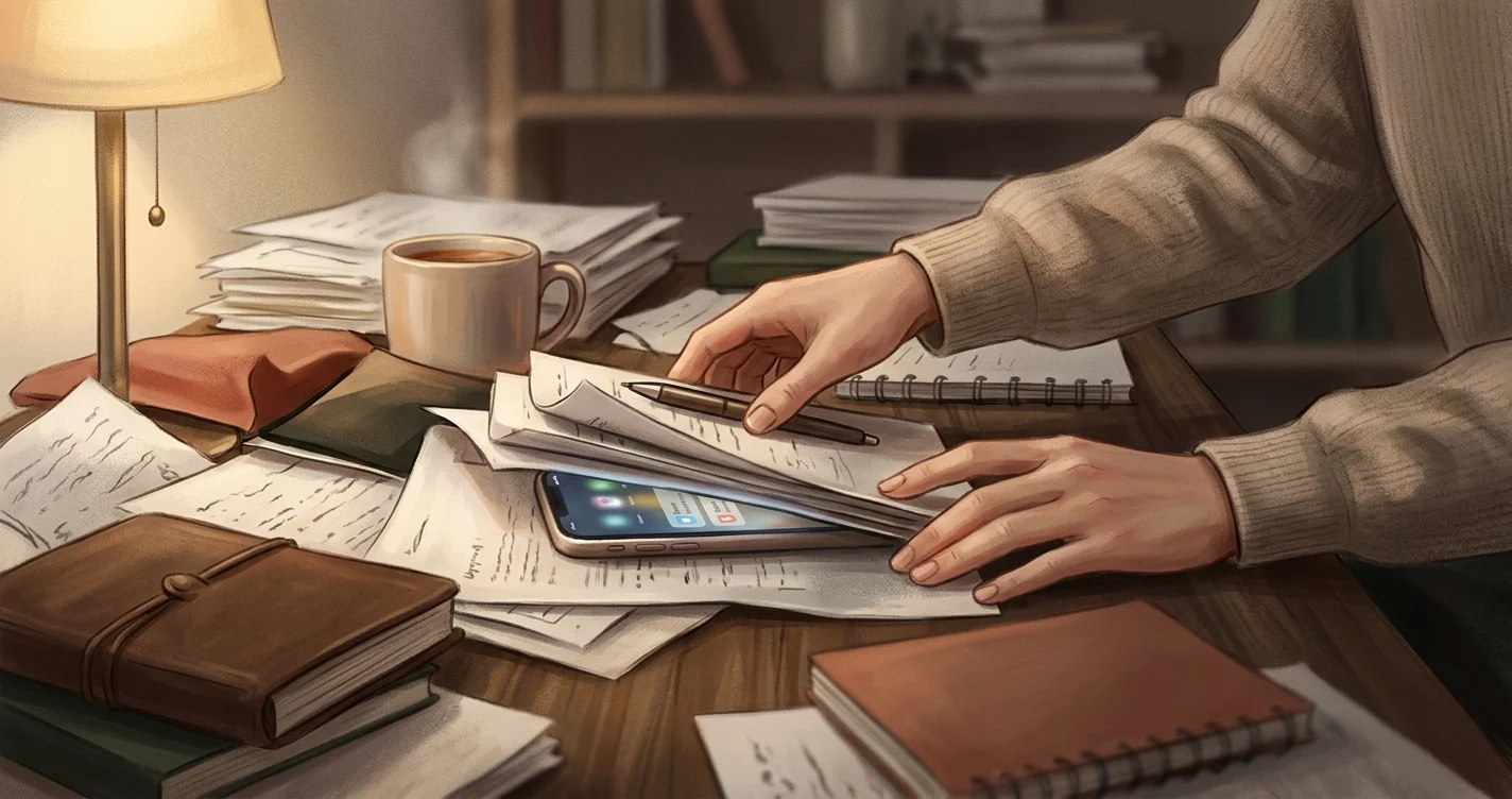 A cluttered desk with a phone buried under papers, screen still lit with notifications
