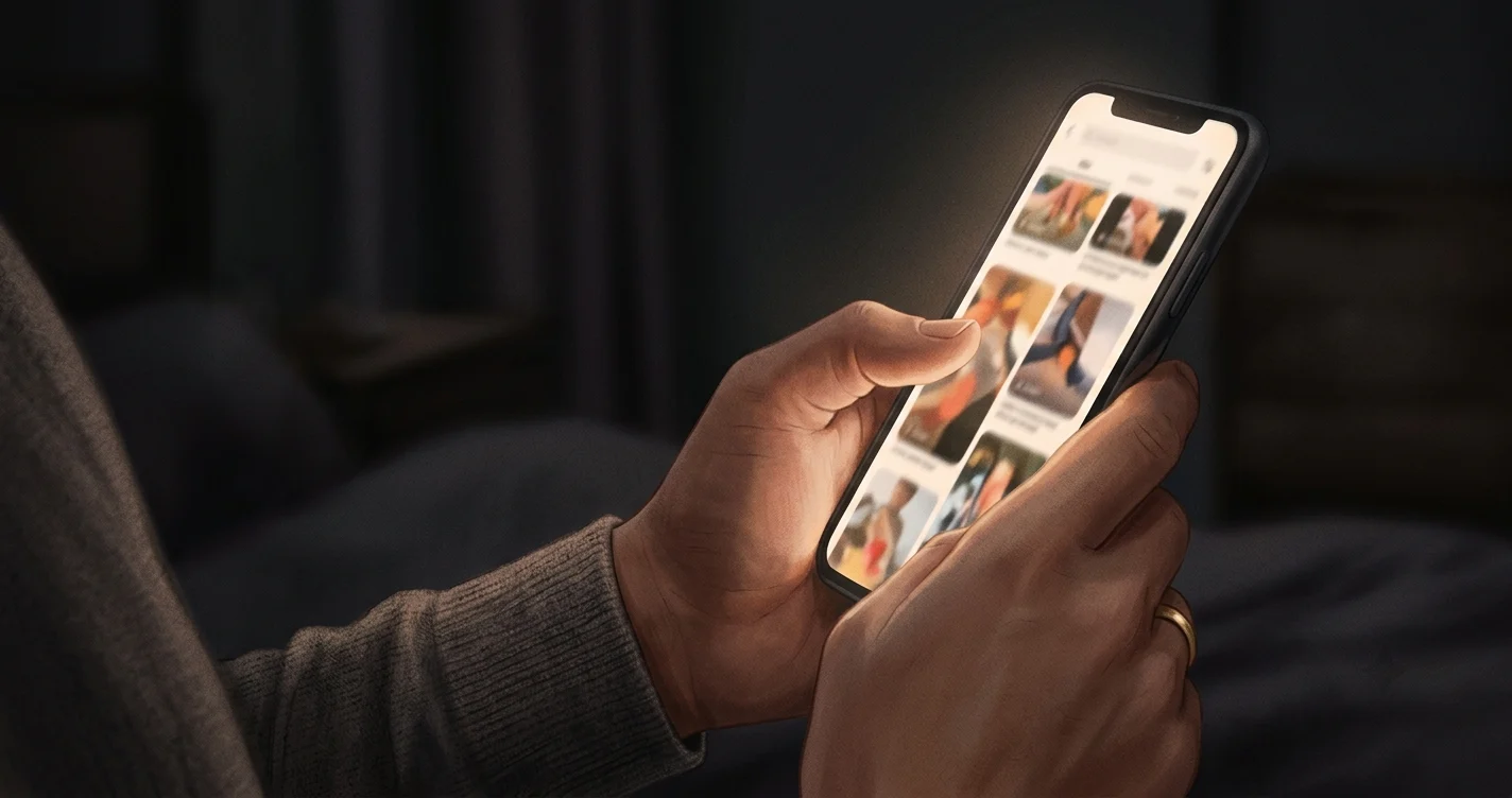 A phone screen glowing in a dark room, thumb mid-scroll through a blur of short video thumbnails