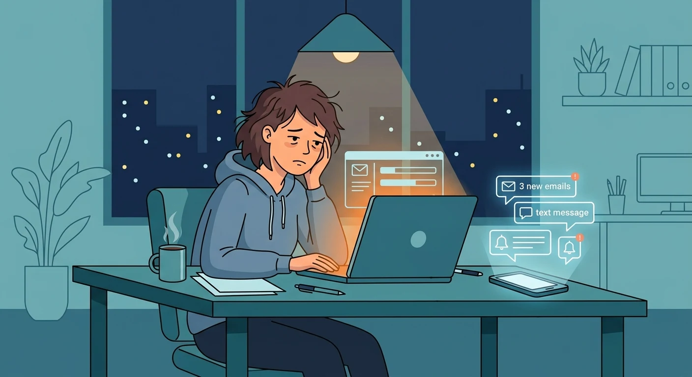 A person at a desk working late in the evening