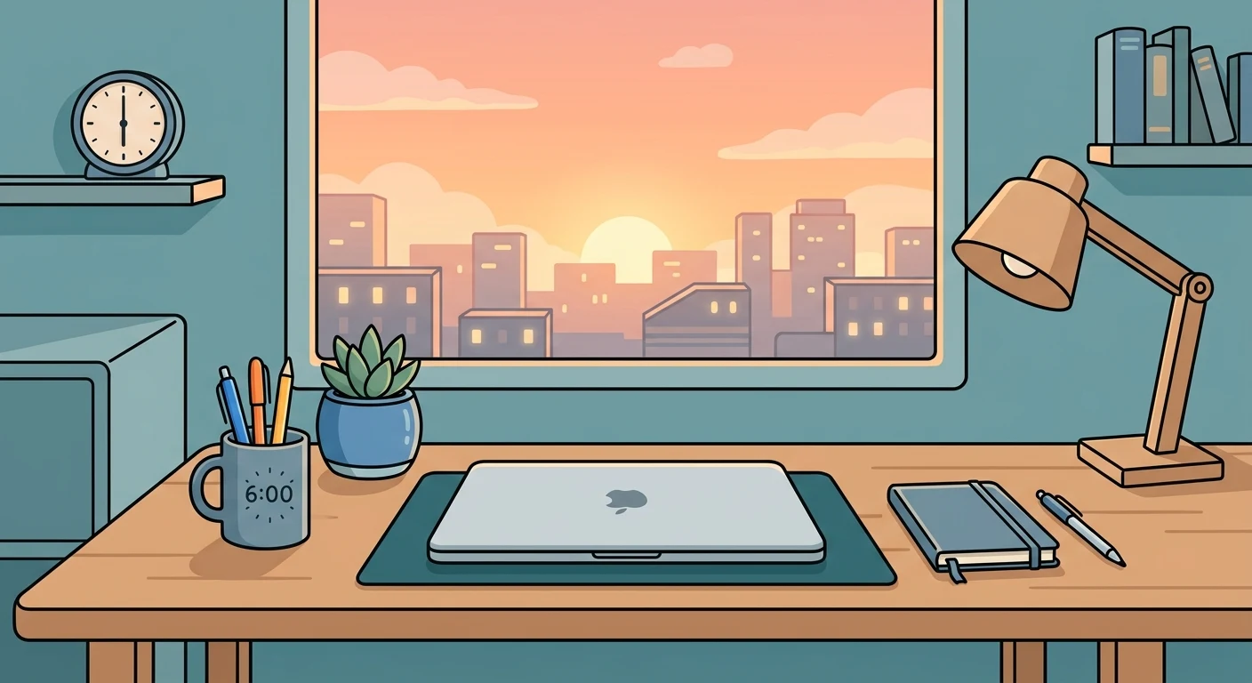 A calm, organized desk at 6 PM