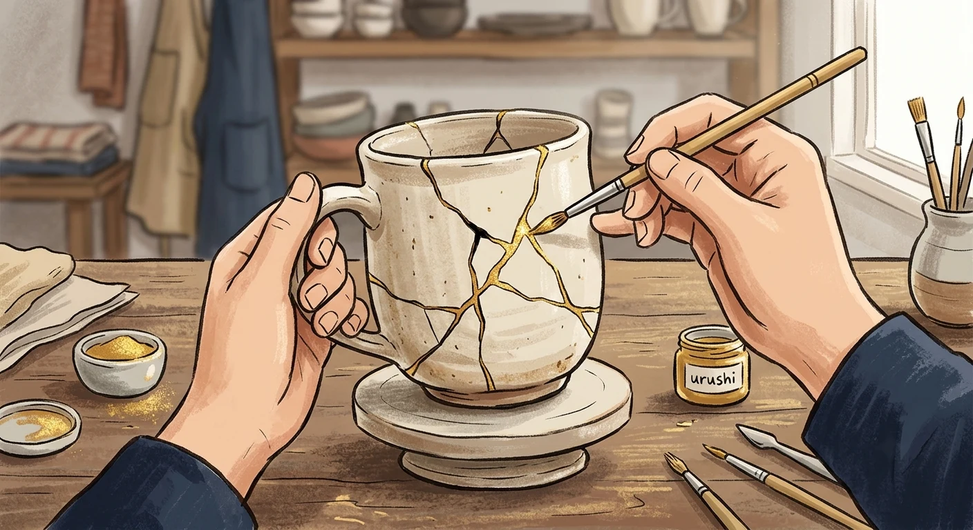A single cracked mug being carefully glued back together