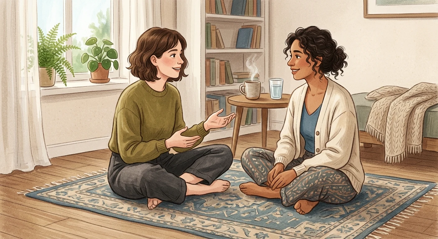 Two people sitting cross-legged facing each other in a calm conversation