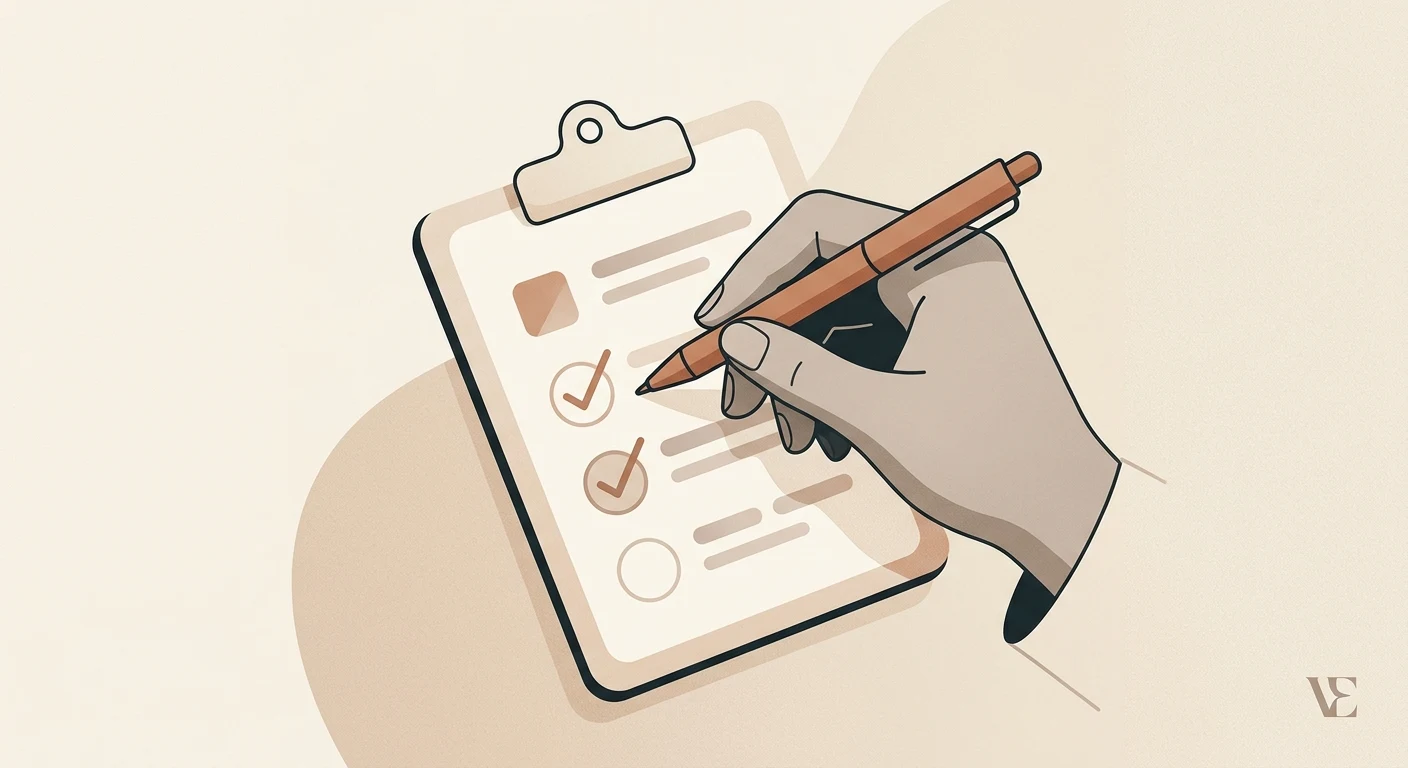 A checklist with a pen ticking off boxes on a clipboard