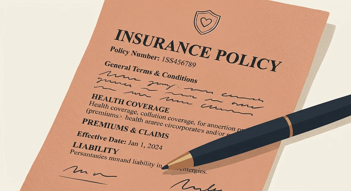 A simple insurance policy document with a pen resting on top