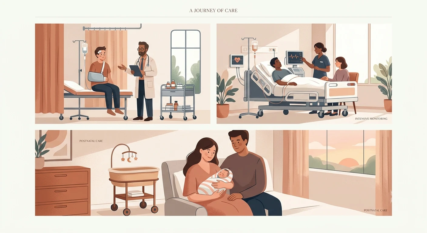 Three separate hospital scenes representing an accident case, a critical illness case, and a maternity case