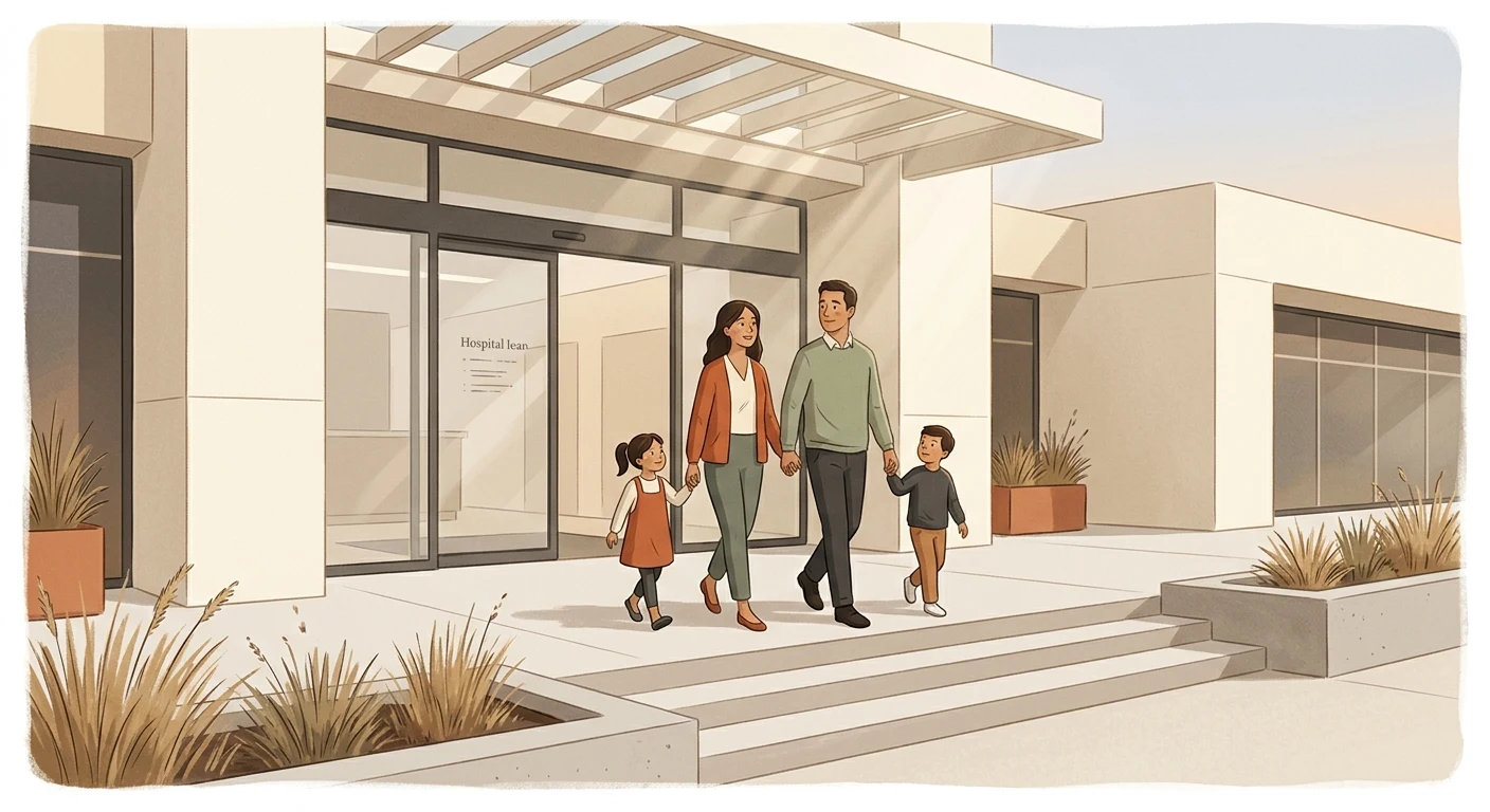 A closing image of a family walking out of a hospital together, relieved