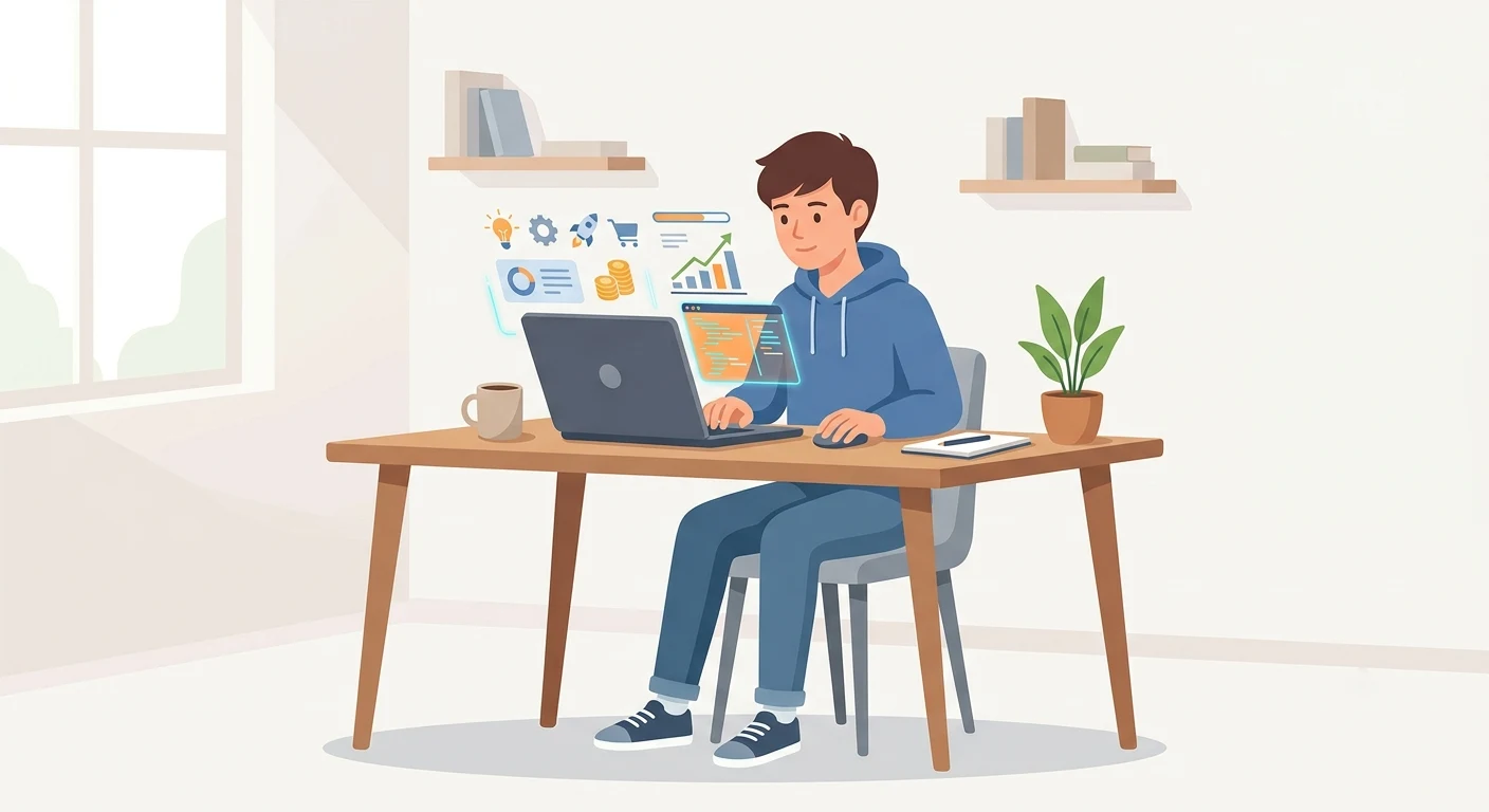 Student building a digital side hustle on a laptop