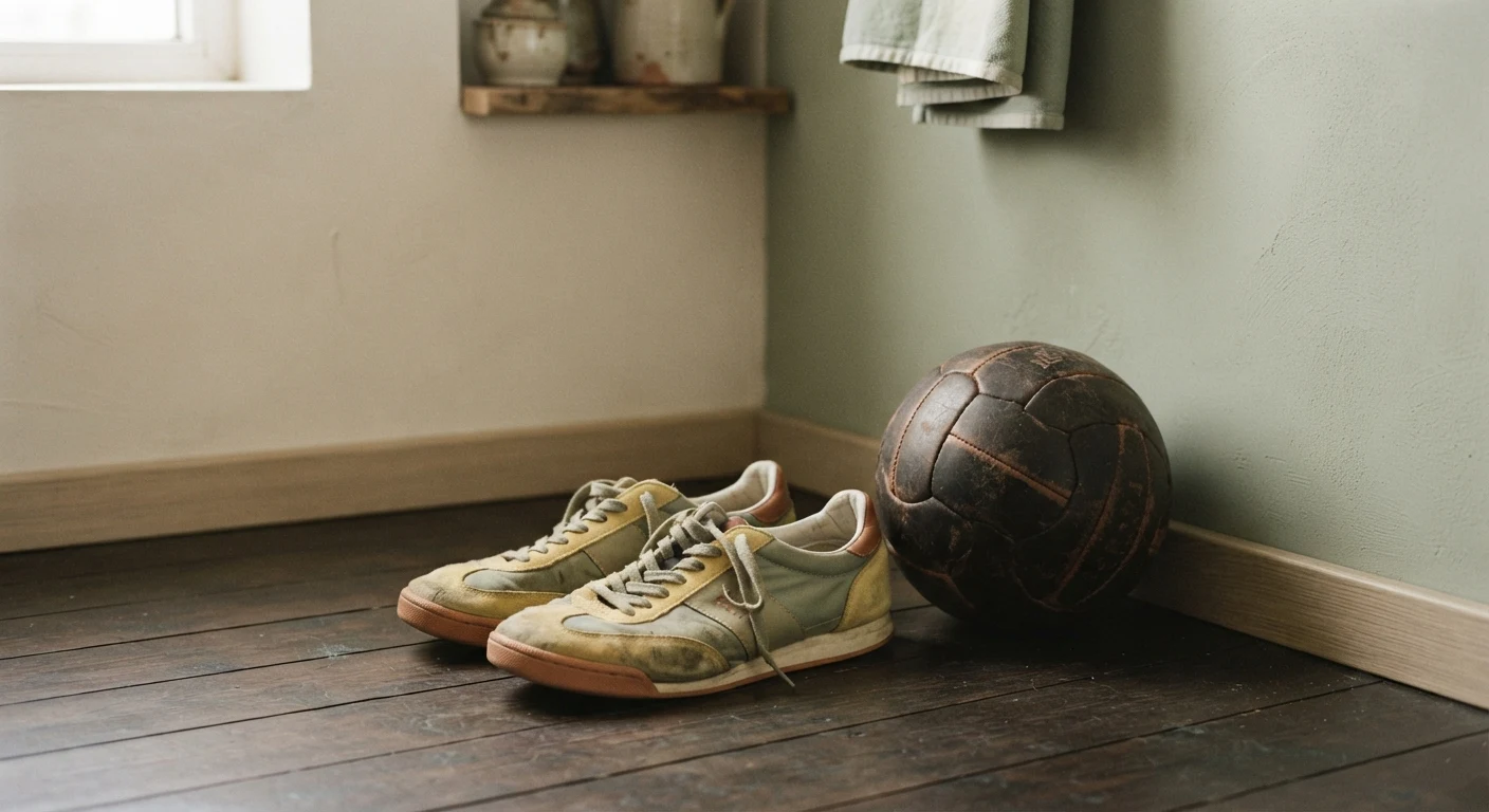 A pair of worn sneakers and a ball sitting untouched in the corner of a room