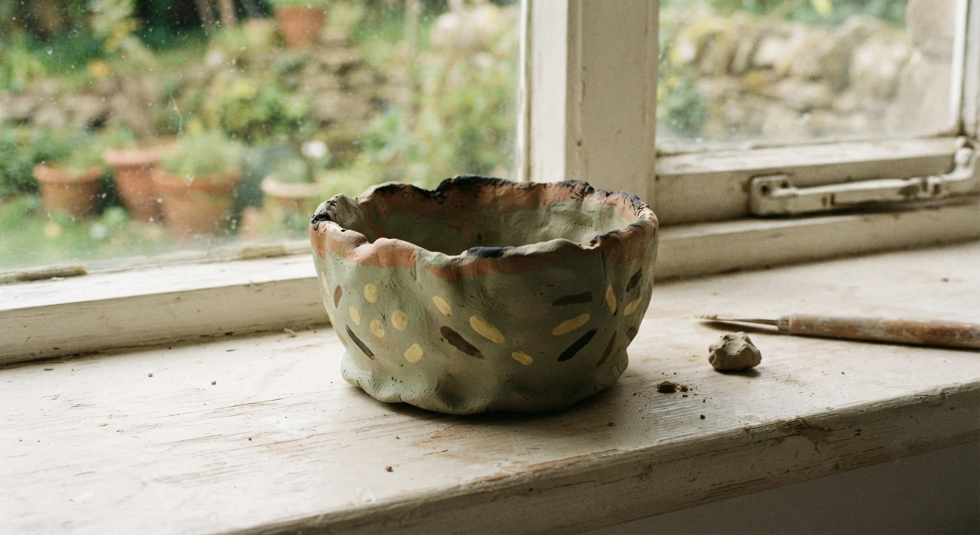 A lopsided handmade clay bowl drying on a windowsill, clearly a first attempt