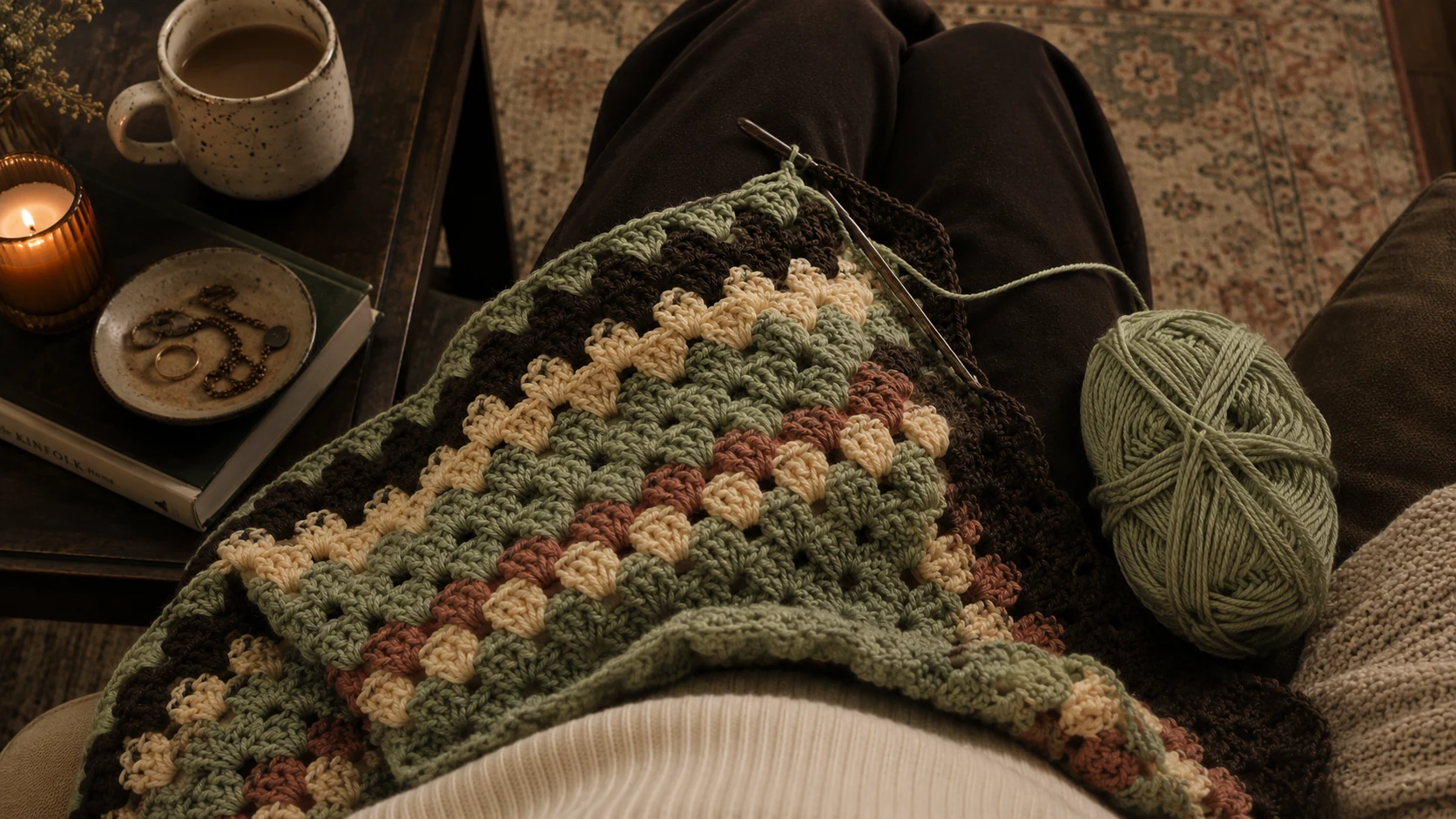 An unfinished crochet blanket resting in a lap with a half used ball of yarn beside it