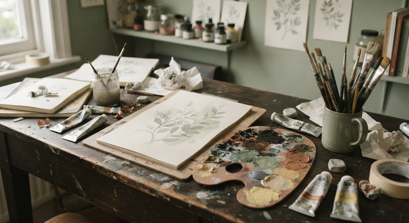 A cluttered desk with paintbrushes, a half finished sketch and dried paint on the palette