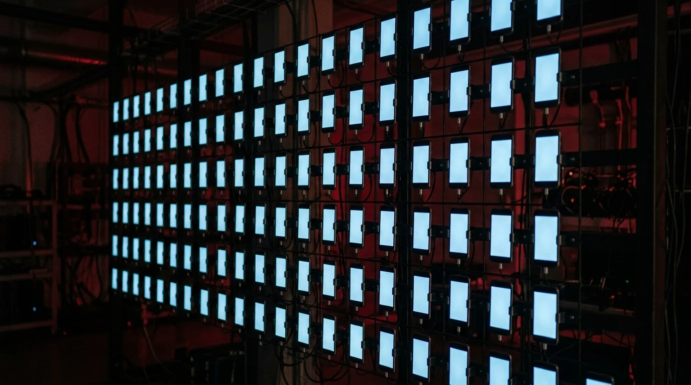 Rows of glowing smartphones in a dark room