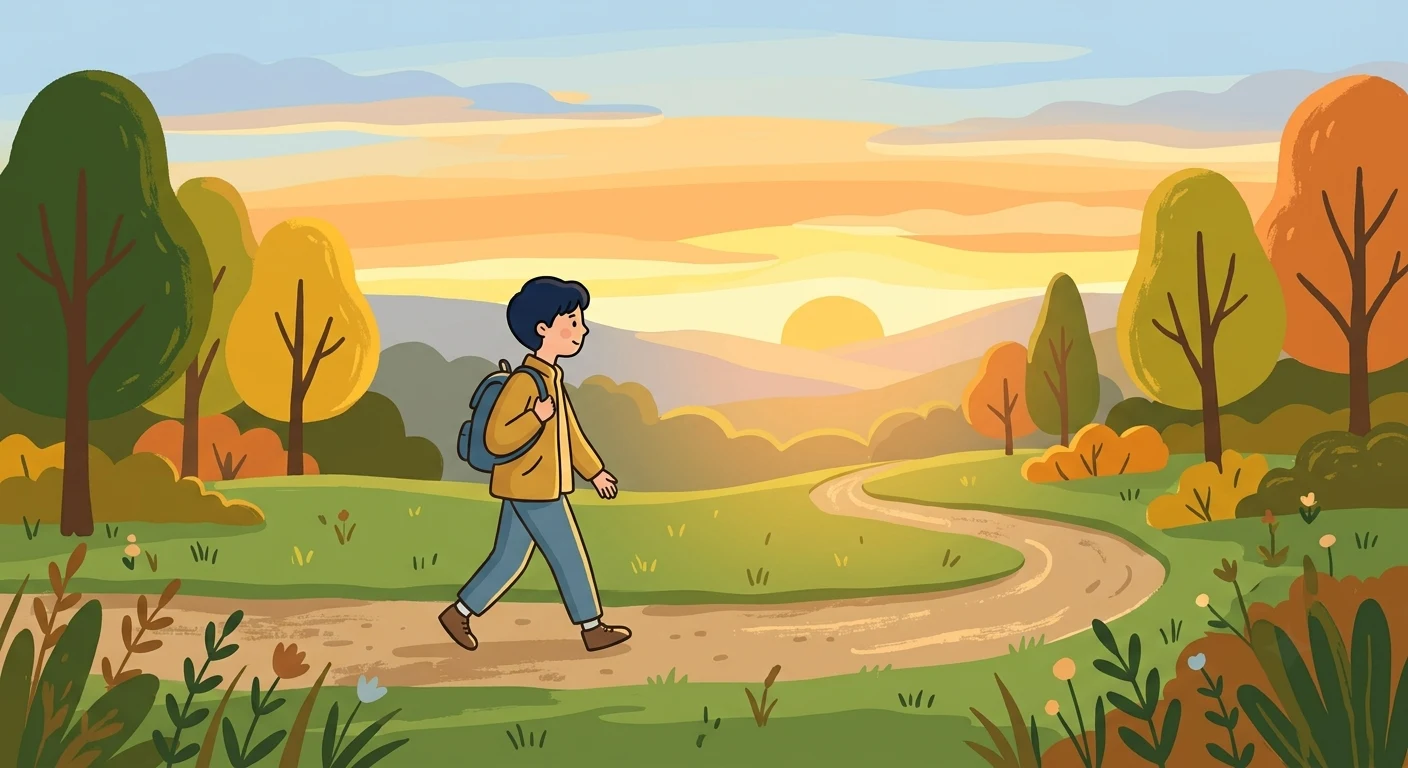 Person walking outdoors in early morning sunlight