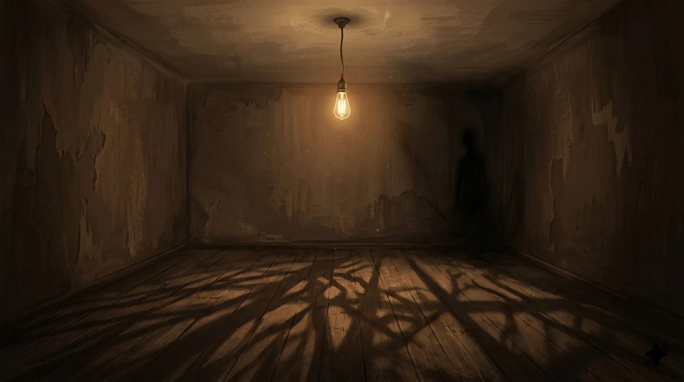 A dim lightbulb lighting an empty room with a faint, unresolved shadow in the corner