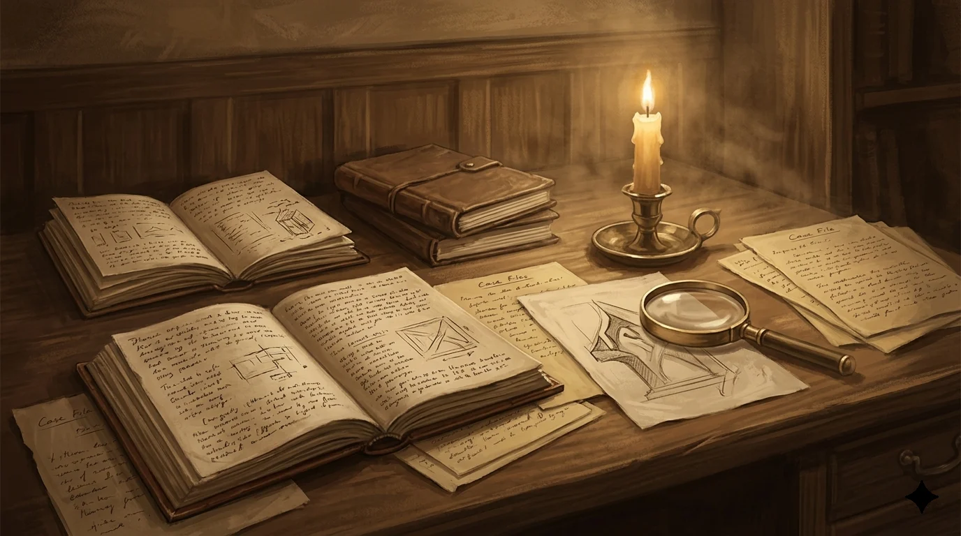 Vintage sepia illustration of an 1800s study room with old research notes and candlelight