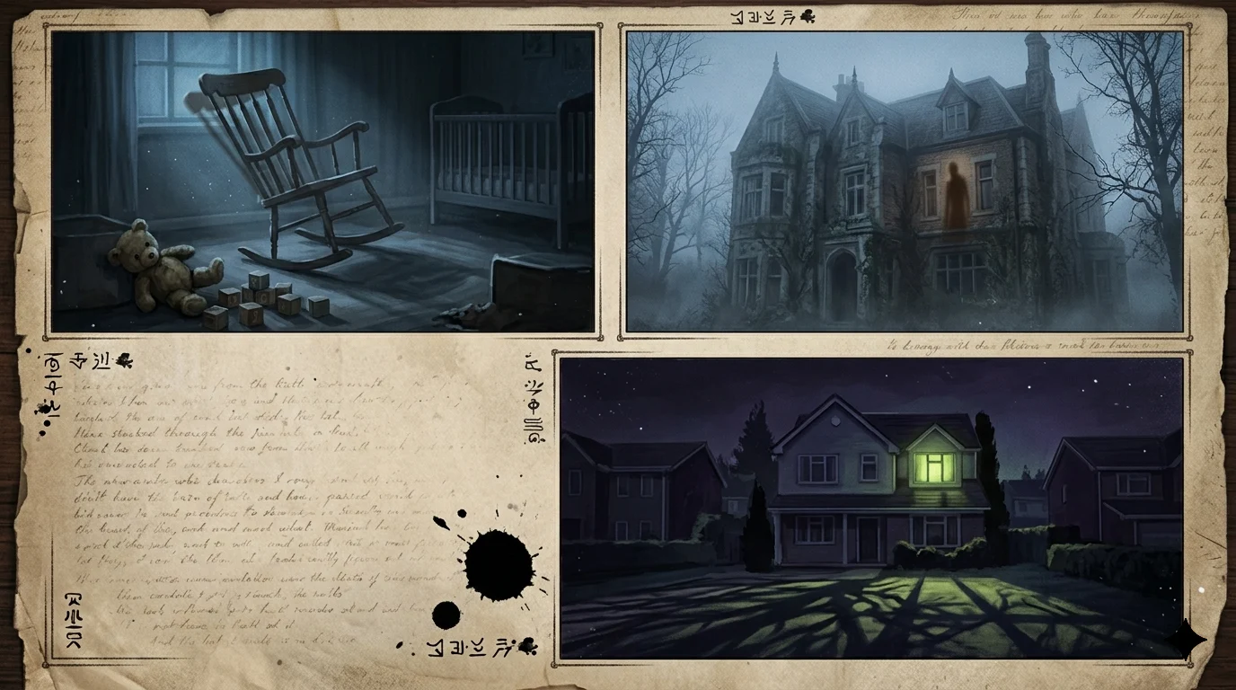 Three-panel illustration depicting scenes from famous haunted house stories in muted tones
