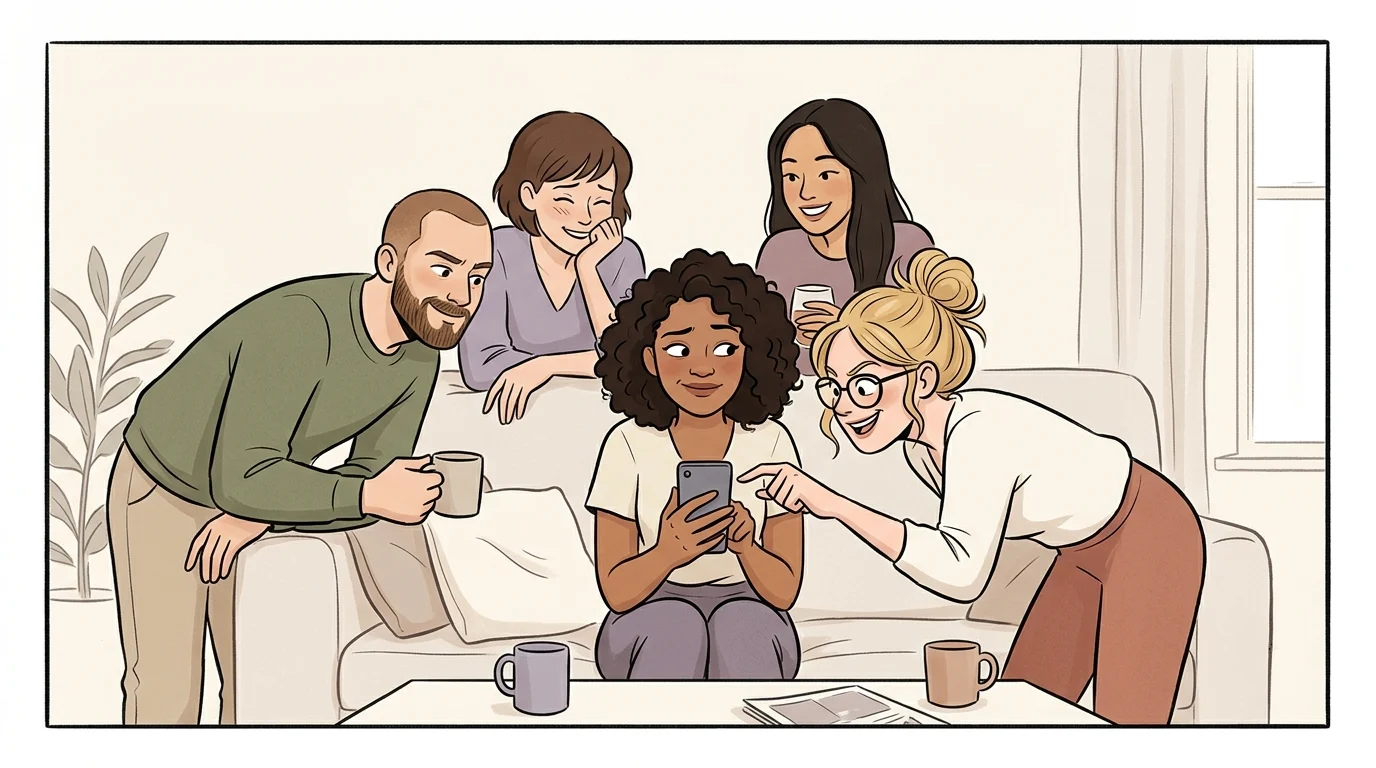 A small group of friends leaning toward one phone, one person scrolling through another's activity with focused curiosity