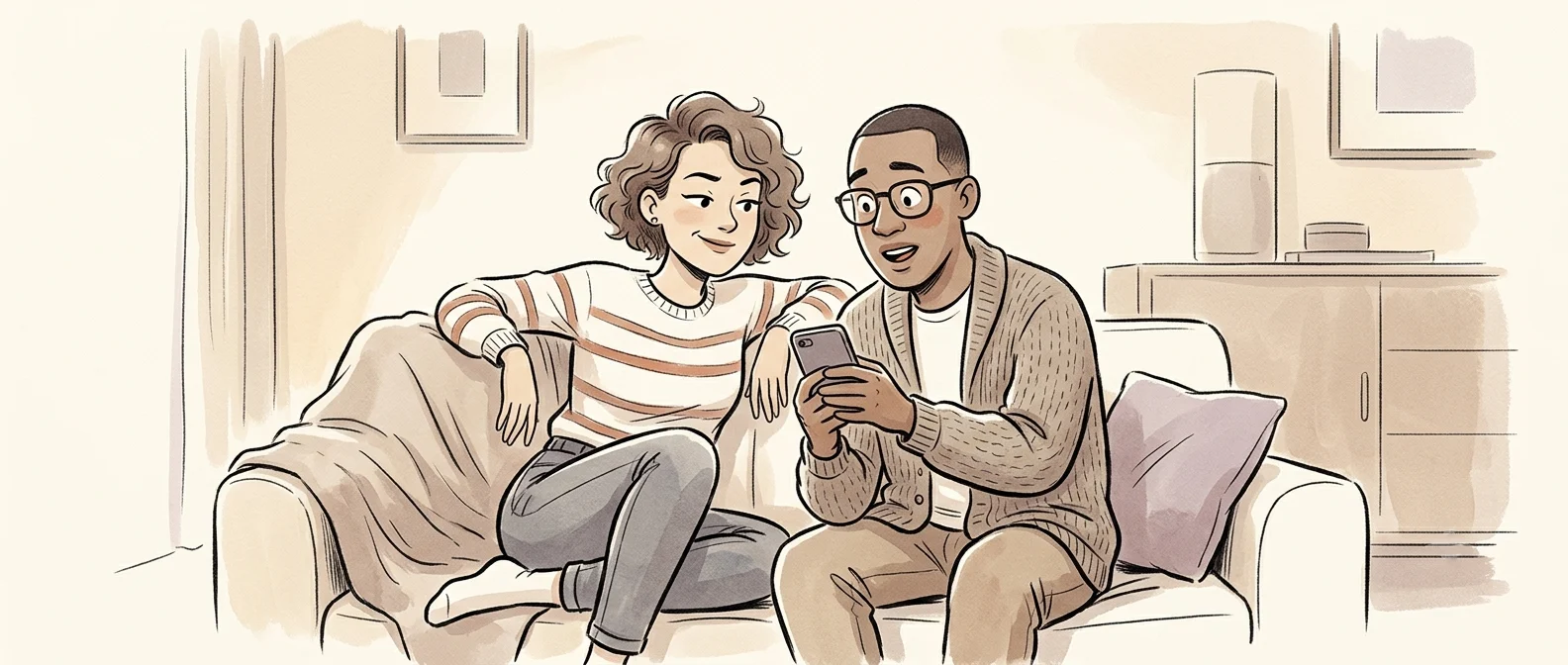Two friends sitting close in warm light, one glancing at the other's phone screen with quiet, knowing recognition rather than curiosity