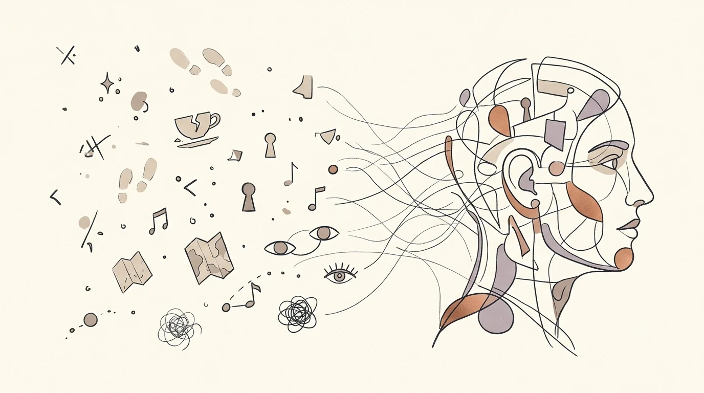 A conceptual editorial illustration of scattered small marks or fragments being drawn together into one larger shape, suggesting how small clues get absorbed into an existing narrative