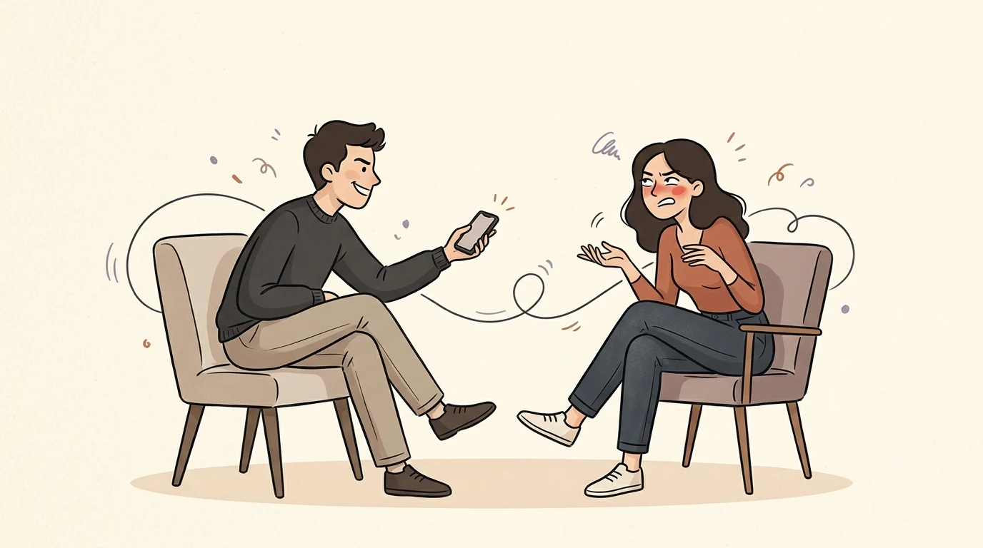 A conceptual editorial illustration of two intertwined light threads, one slightly teasing the other, suggesting how playful accusation can double as closeness