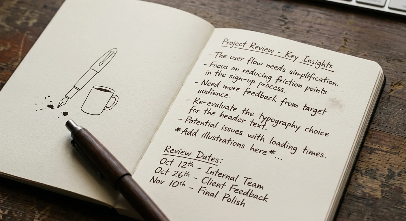 A notebook with handwritten notes and a short list of review dates, understated and simple