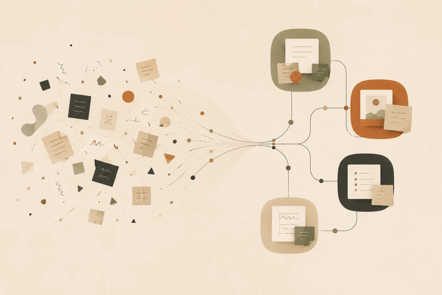 Abstract illustration of scattered information connecting into linked chunks