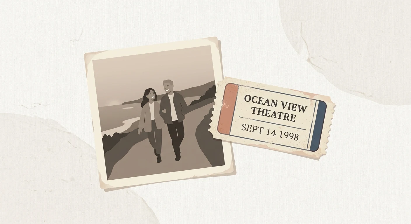 A faded photograph and ticket stub, representing memories attached to a specific time and place