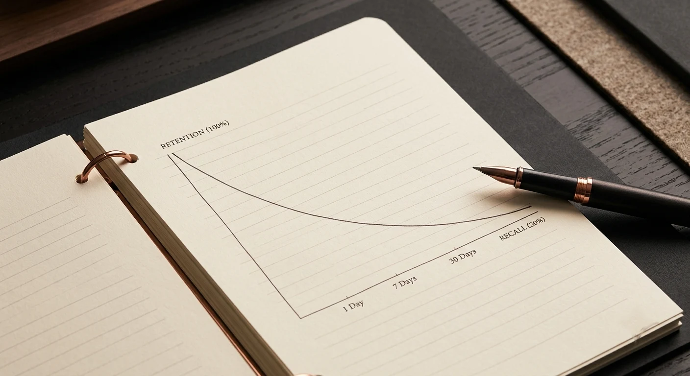 A gently declining curve on a notebook page, representing the forgetting curve