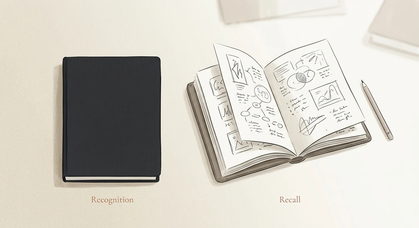 A closed notebook beside an open one, representing the difference between recognizing and recalling information
