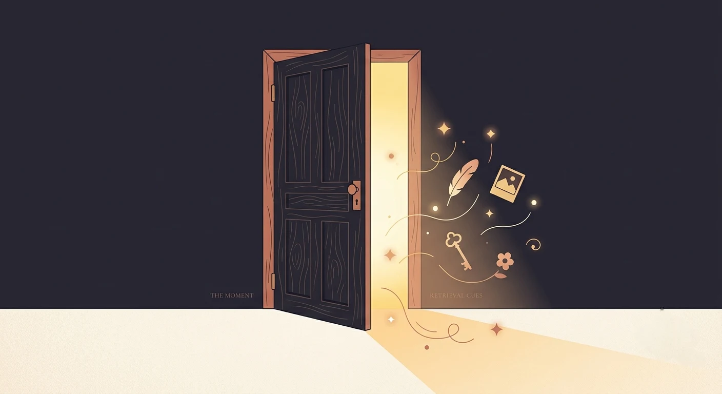 A door slightly ajar with light coming through, representing a retrieval cue unlocking a memory