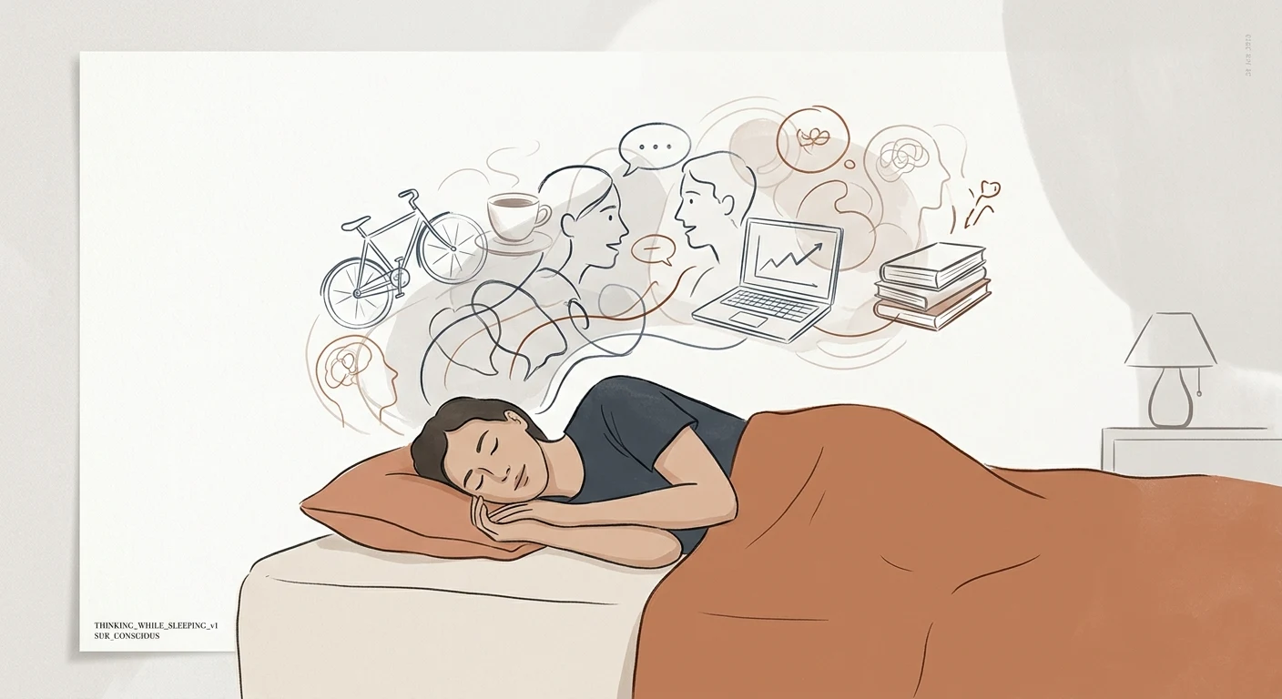 A person sleeping with faint overlapping outlines representing the brain continuing to process the day
