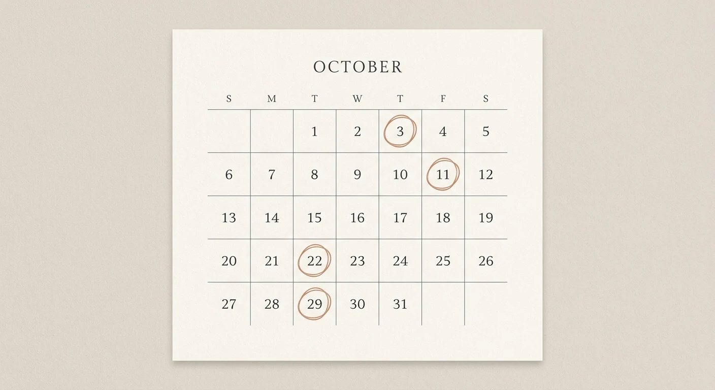 A monthly calendar with a few dates circled far apart, representing spaced repetition