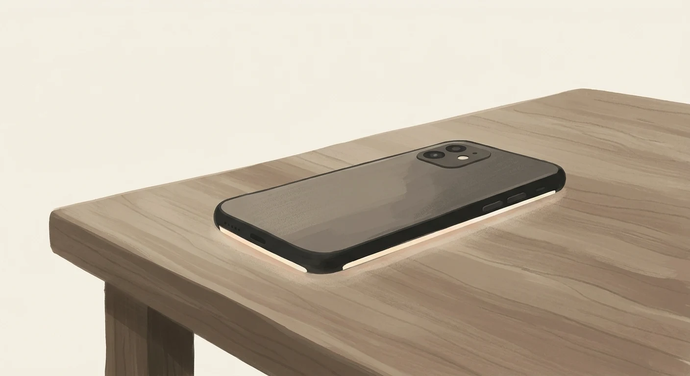 A phone turned face down on a table, still glowing faintly at the edges