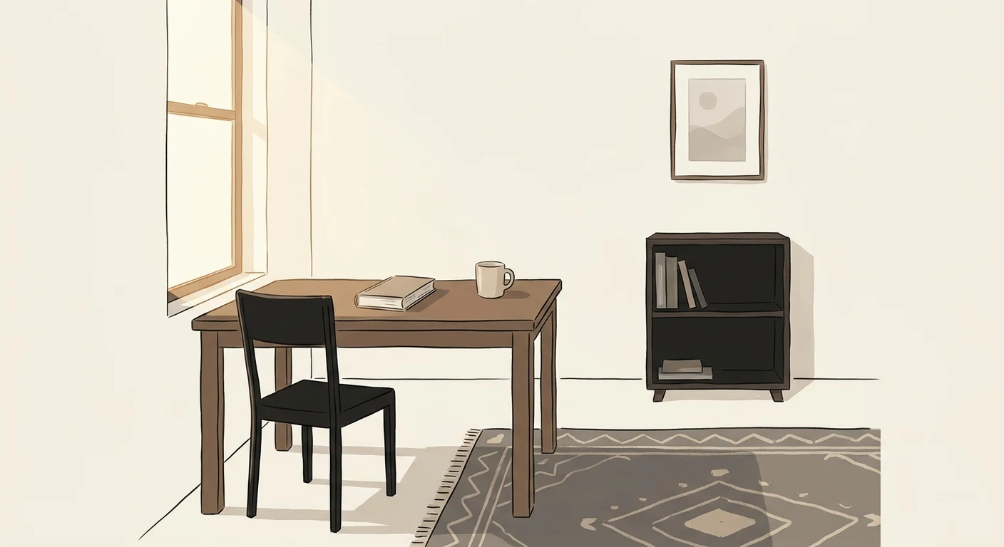 A quiet, unremarkable room evoking an ordinary past afternoon with no phone in sight